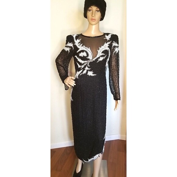 Vintage 80s  A.J. Bari Beaded Sequins Silk Dress Size 8 Almost Perfect Stunning - Picture 1 of 14